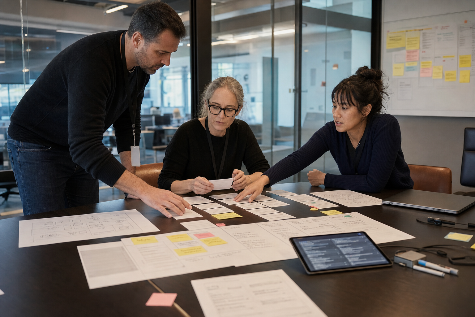 Meeting-Tisch mit physischen Artefakten zur Bewertung von Coding-Agent-Strategien