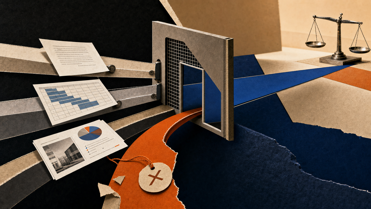Collage: Office-Artefakte passieren ein Nutzbarkeits-Gate vor der wirtschaftlichen Bewertung.