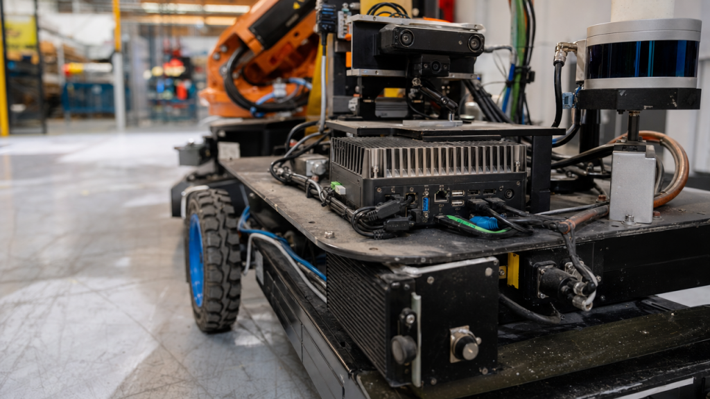 Kompakte Edge-Rechenhardware an einer Robotik-Testplattform als Sinnbild für API-fähige Fortschrittserkennung